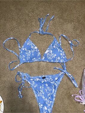 Volafa Blue and White Floral Tie-Side Bikini